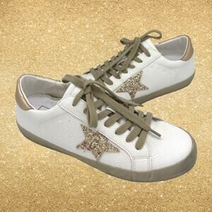 SHU SHOP Paula White Pre-Distressed Sneakers With Gold Glitter Stars NEW 8.5